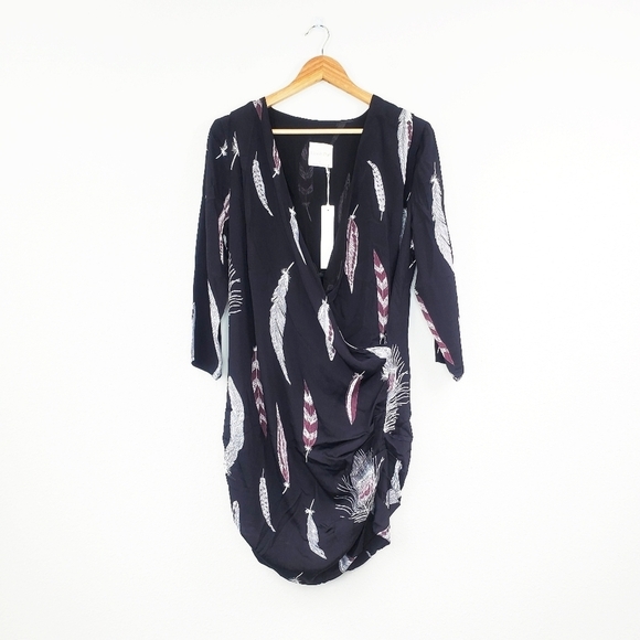 NWT Line & Dot Boho Feather Karam Mini Faux Wrap Dress Large - Picture 2 of 7
